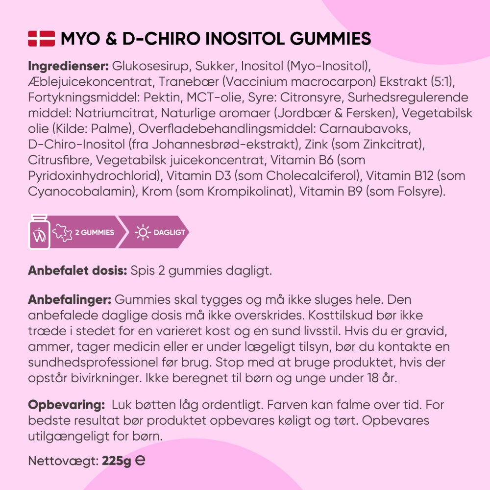 Ingrediensliste og anbefalet dosis på emballage til inositol-gummier