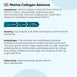 Informationsetiket på marine collagen-flaske med ingredienser, dosering og opbevaringsråd