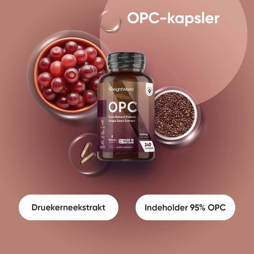 OPC-kapsler i flaske med illustration af druekerner og kapsler
