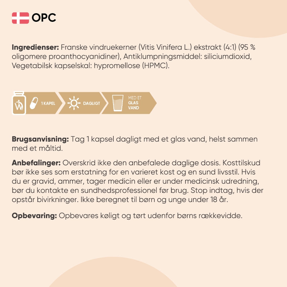 Ingrediens- og brugsanvisning på OPC-kapsler i flaske