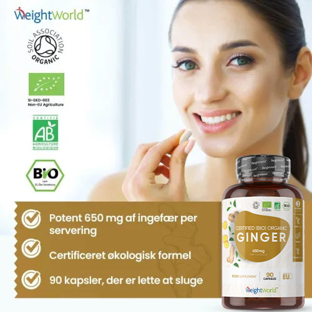 Økologisk ingefær 650 mg tilskudsflaske, 90 kapsler