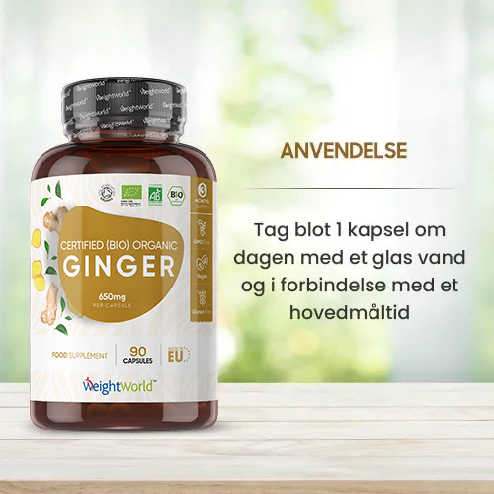 Økologisk ingefær 650 mg tilskudsflaske med etiket, 90 kapsler
