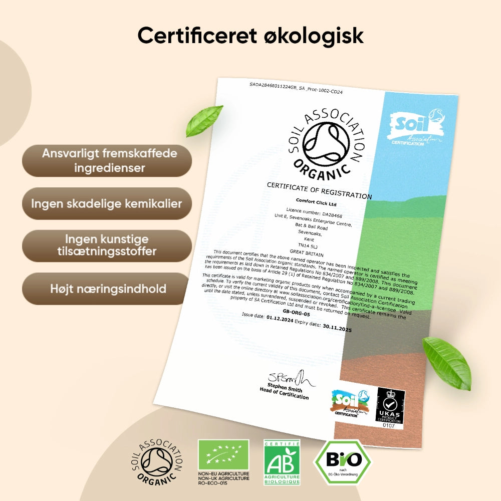 Certificeret økologisk dokument på hvidt papir med grønne og blå mærker