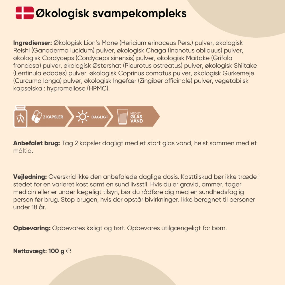 Etiket til økologisk svampekompleks med ingrediensliste og brugsanvisning