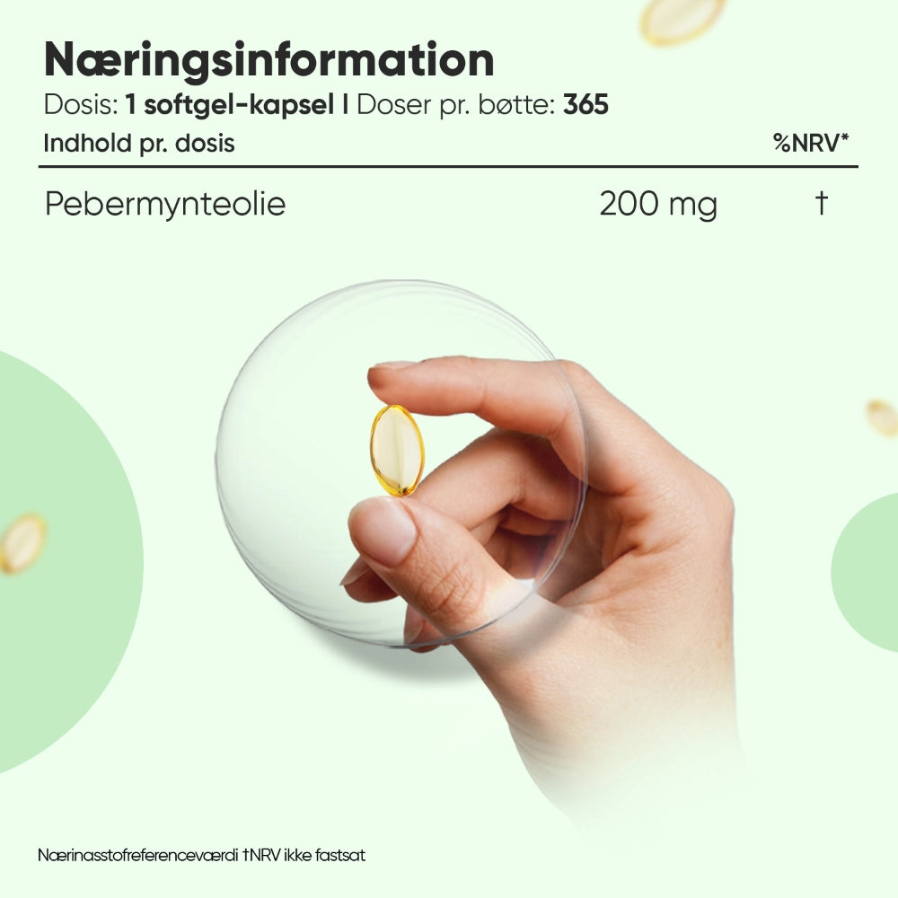 Pebermynteolie softgel-kapsel 200 mg, hånd der holder gennemsigtig softgel