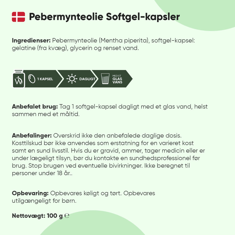 Pebermynteolie softgel-kapsler: ingredienser og doseringsvejledning på bagside