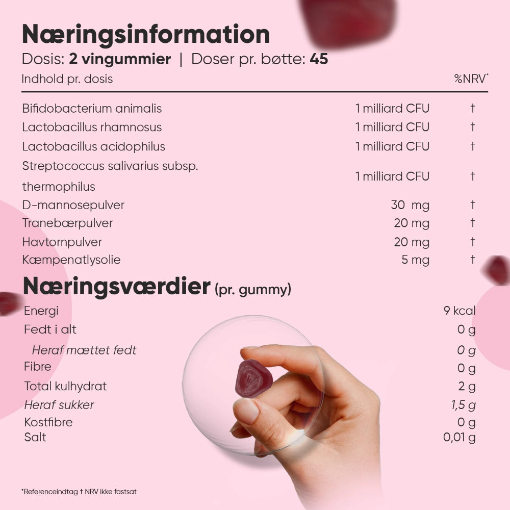 Probiotiske vingummier til kvinder: hånd holder lilla gummi ved næringsværdier
