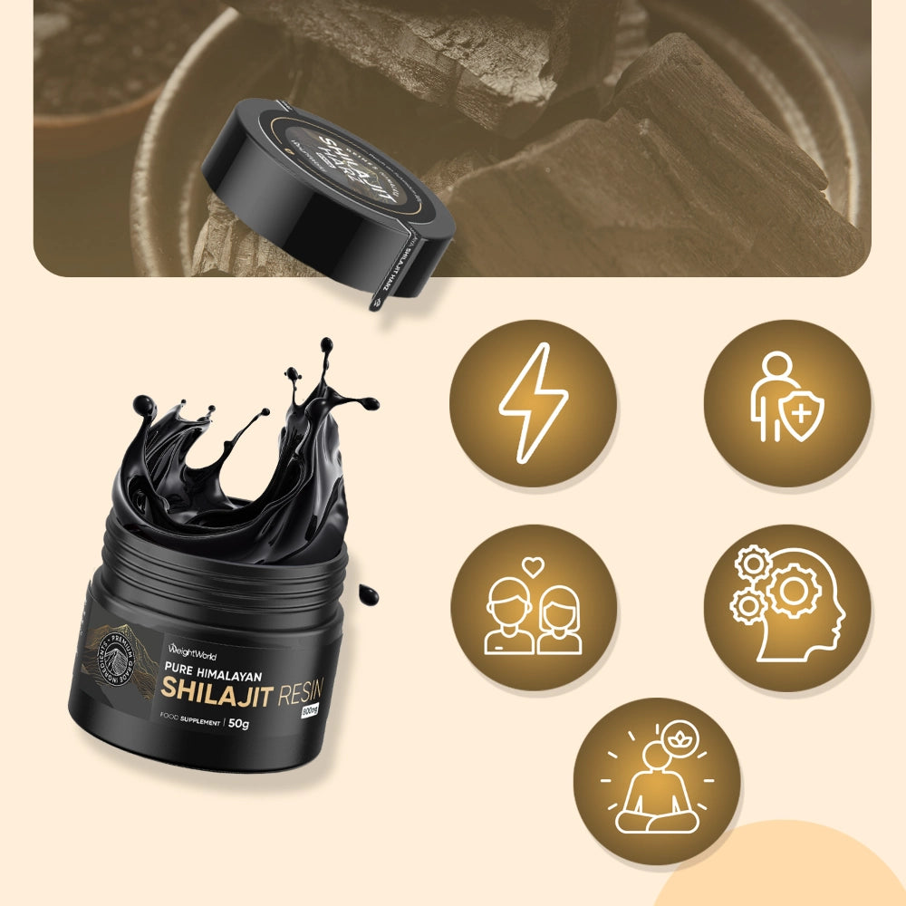 Sort krukke med himalayansk shilajit-harpiks og runde effektikoner