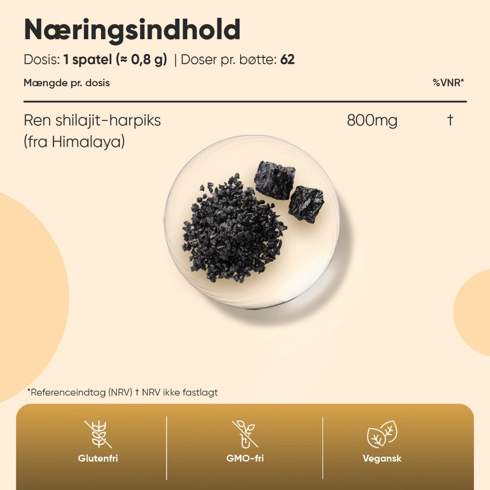 Himalayansk shilajit-harpiks i skål med mørke klumper og pulver