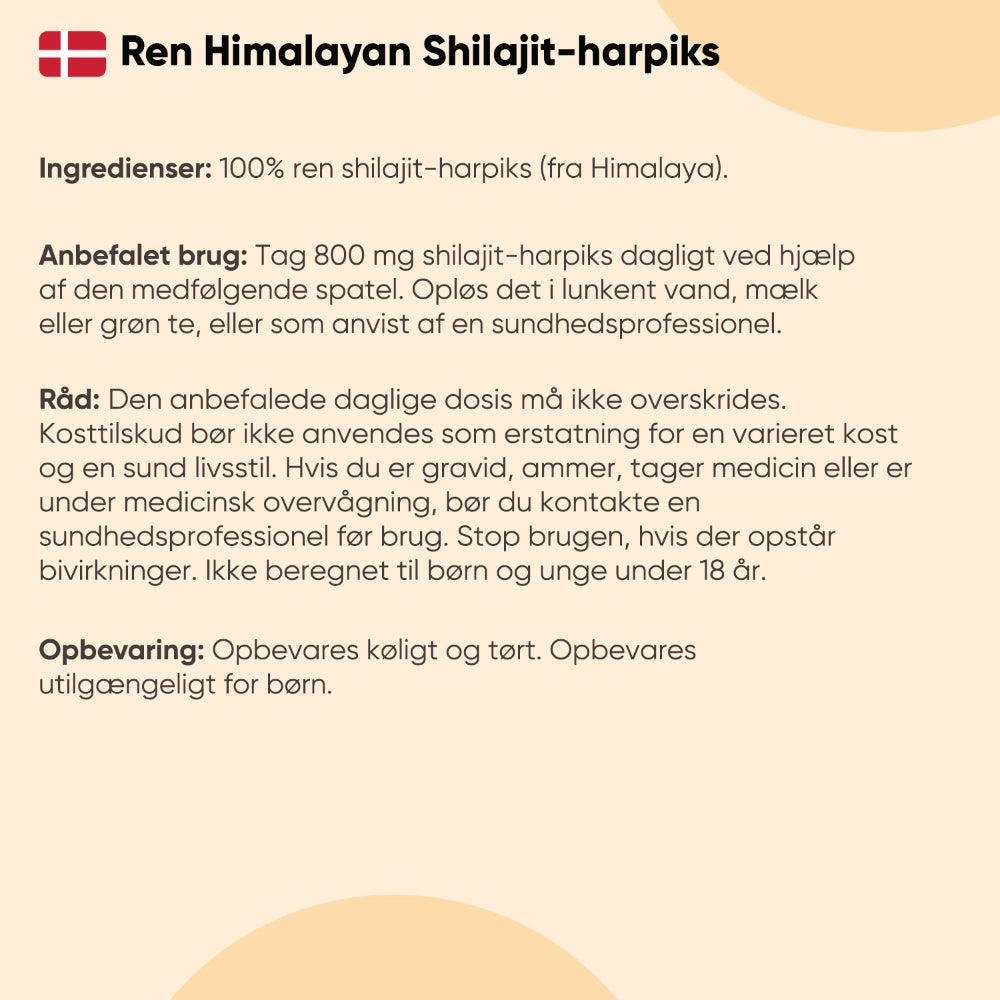 Produktinformationskort: Ren himalayansk shilajit-harpiks, dosering og opbevaring
