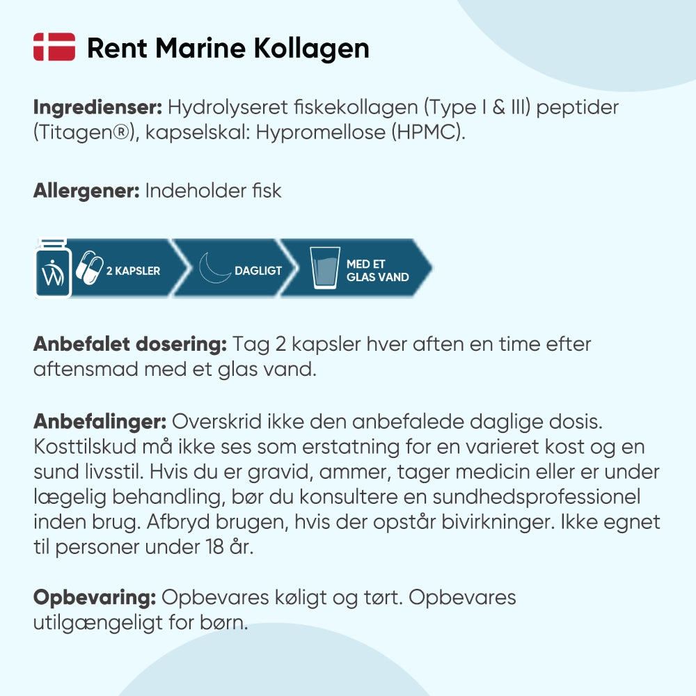 Marin kollagen 1200 mg-kapsler: ingredienser og dosering på infografik