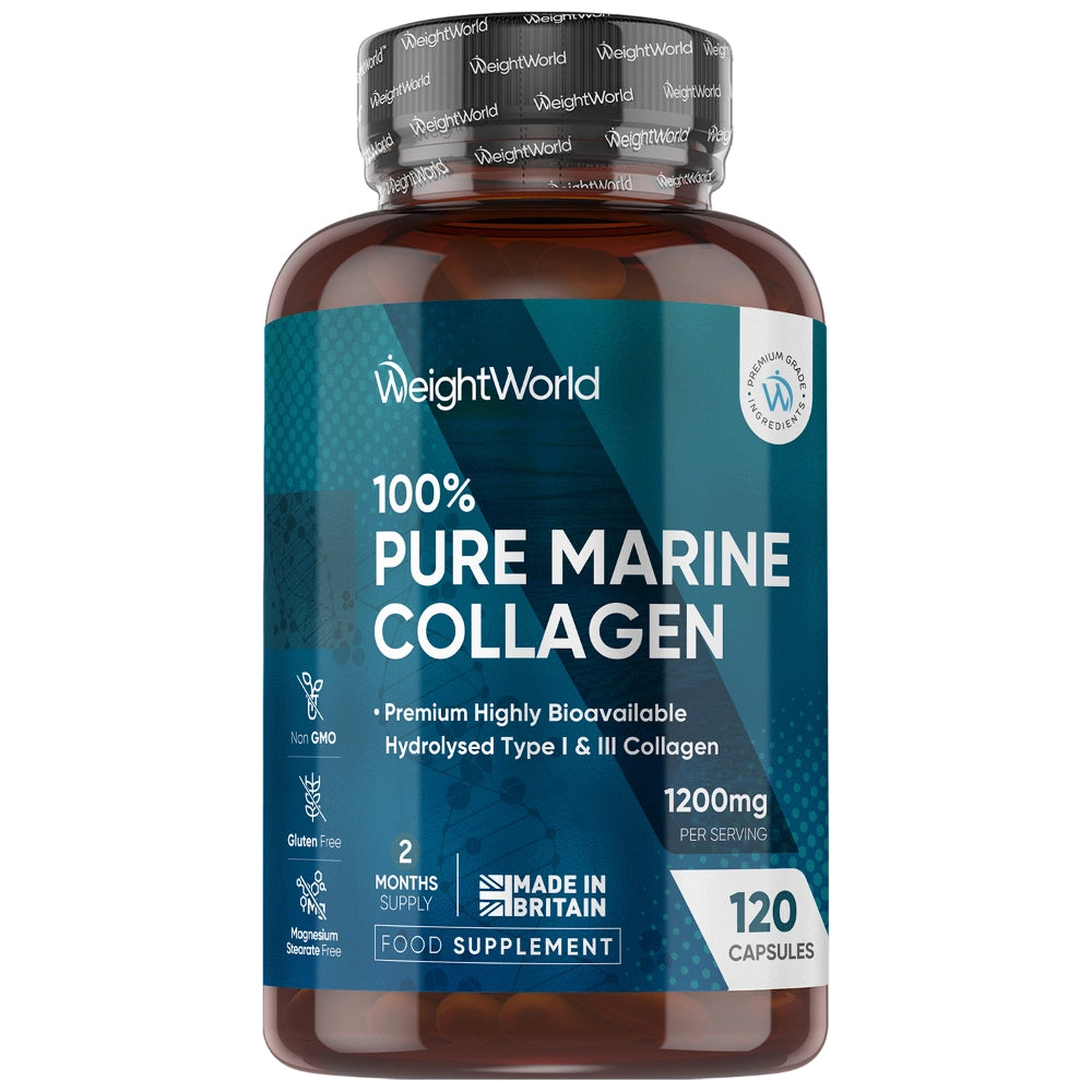 Marin kollagen 1200 mg-kapsler fra WeightWorld, glasflaske med etiket