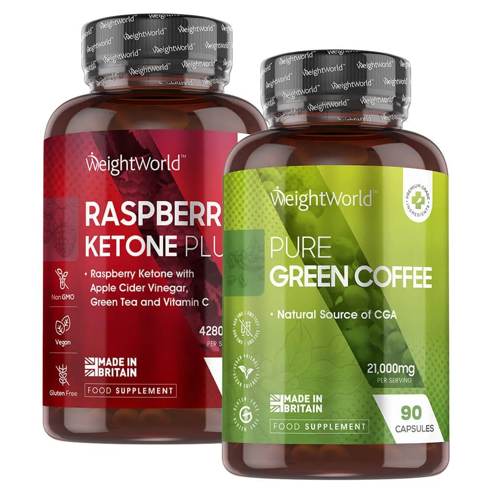 Kosttilskudspakke med to WeightWorld kapselflasker: Pure Green Coffee og Raspberry Ketone
