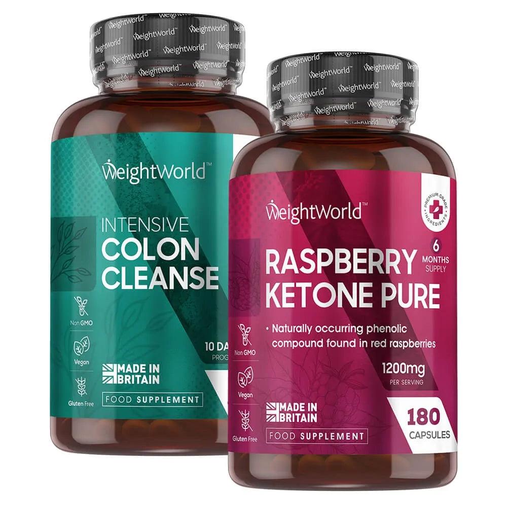 To WeightWorld kosttilskudsflasker med hindbærketone- og renseetiket, ravfarvet glas