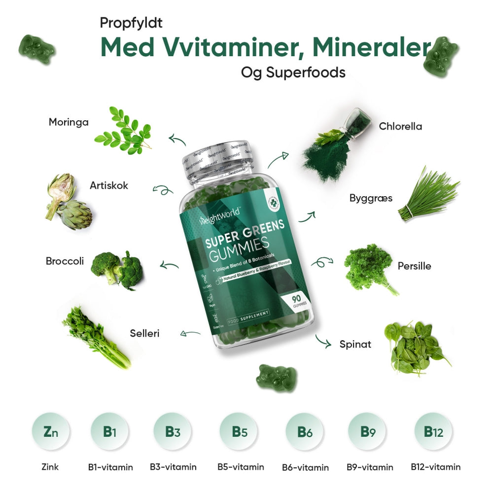 WeightWorld Super Greens Gummies flaske omgivet af grønne superfood-illustrationer