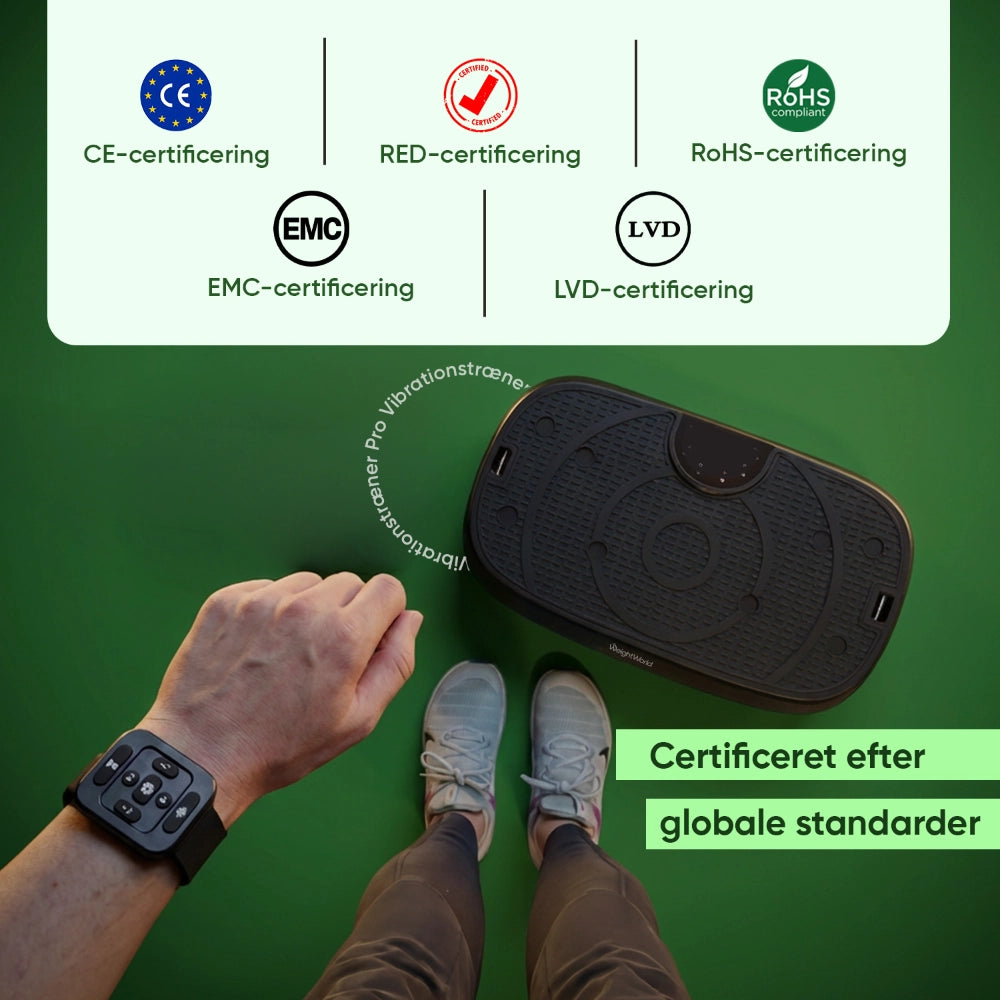 Vibrationstræner Pro i brug med hånd og smartwatch-lignende fjernbetjening