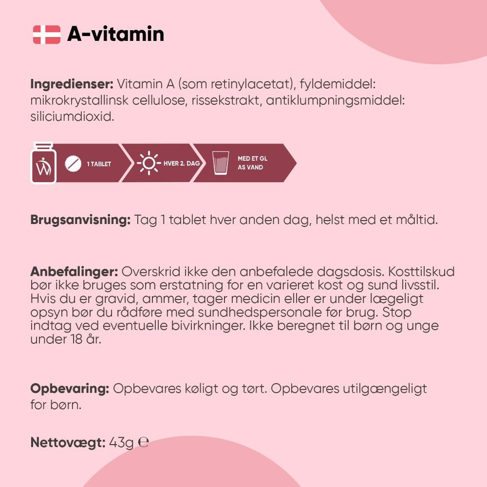 Vitamin A kosttilskudmærkat med ingredienser og brugsanvisning