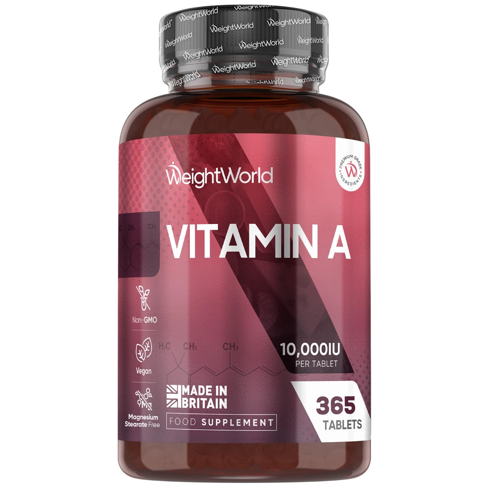 Vitamin A kosttilskudflaske, mørk bordeaux; “Vitamin A” og 365 tabletter på etiketten