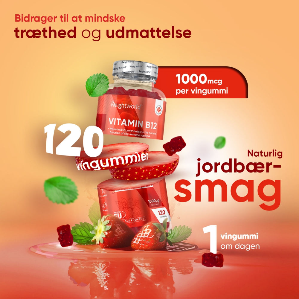 Rød WeightWorld Vitamin B12-vingummiflaske med jordbærsmag