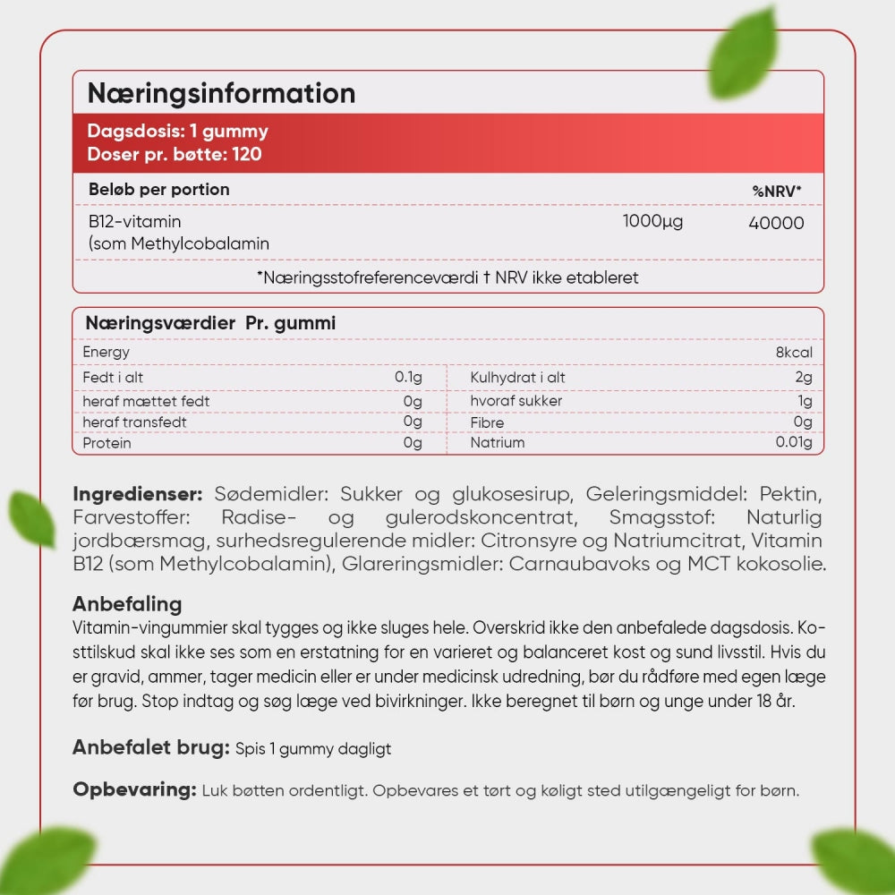 Næringsdeklaration på emballage til Vitamin B12-vingummier