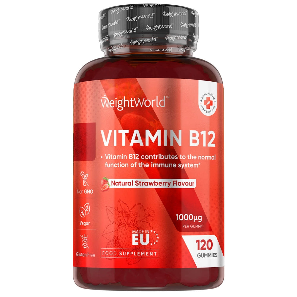 WeightWorld Vitamin B12 vingummier i rød glasflaske med sølv låg
