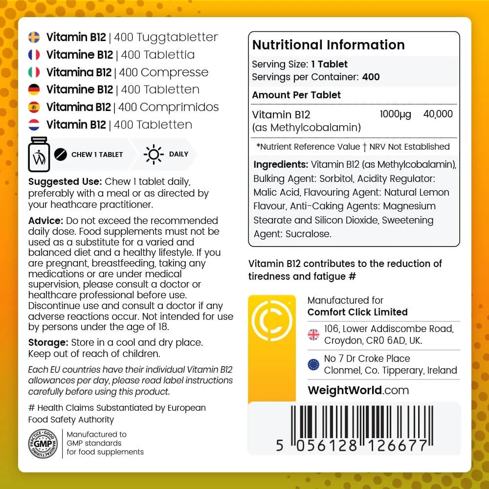WeightWorld vitamin B12 tyggetabletter: næringsinfo for 1 tablet, 1000 µg (400 stk pr. flaske).