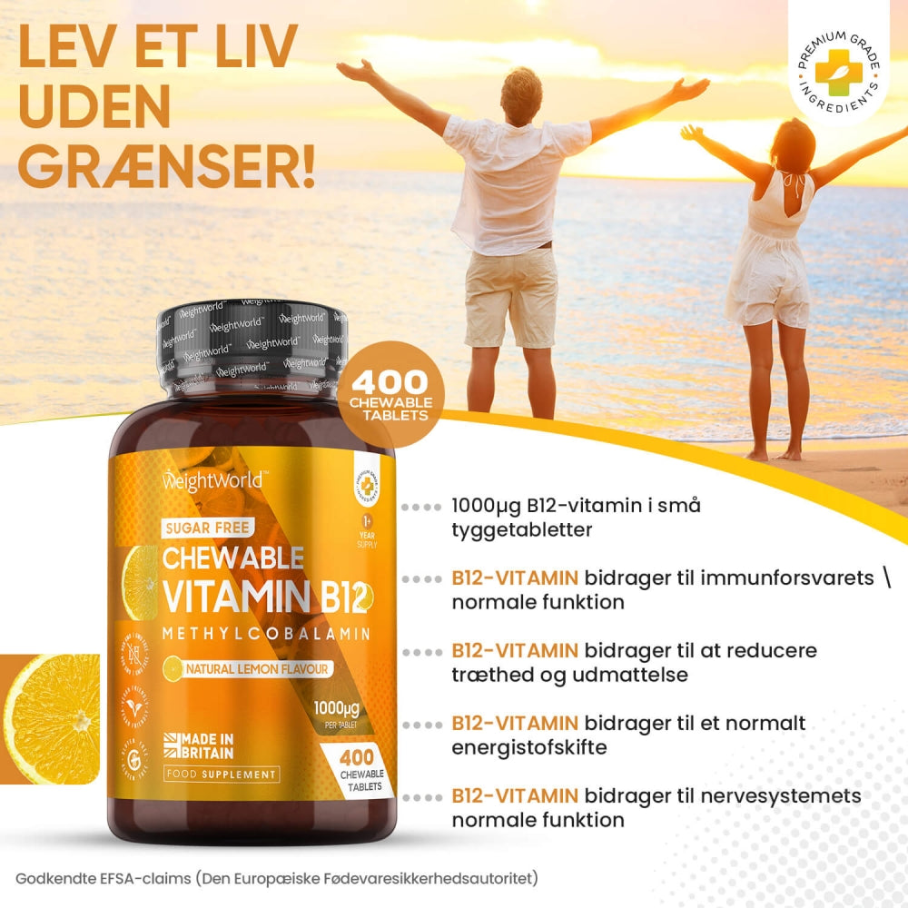 WeightWorld tyggetabletter vitamin B12 1000 µg, sukkerfri, naturlig citronsmag, 400 stk.