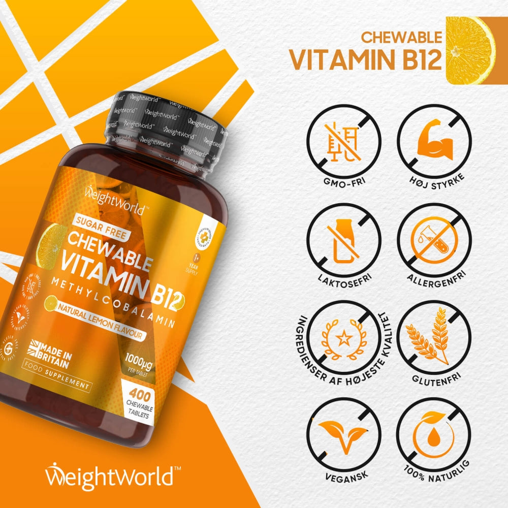 WeightWorld sukkerfri tyggetabletter vitamin B12 med metylcobalamin, naturlig citronsmag.