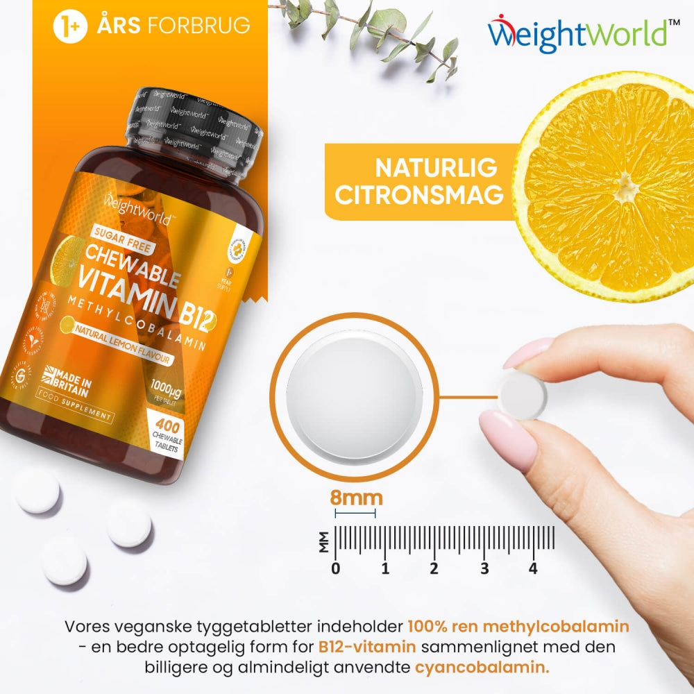 WeightWorld tyggetabletter vitamin B12, naturlig citronsmag, ca. 8 mm, 1 års forbrug.
