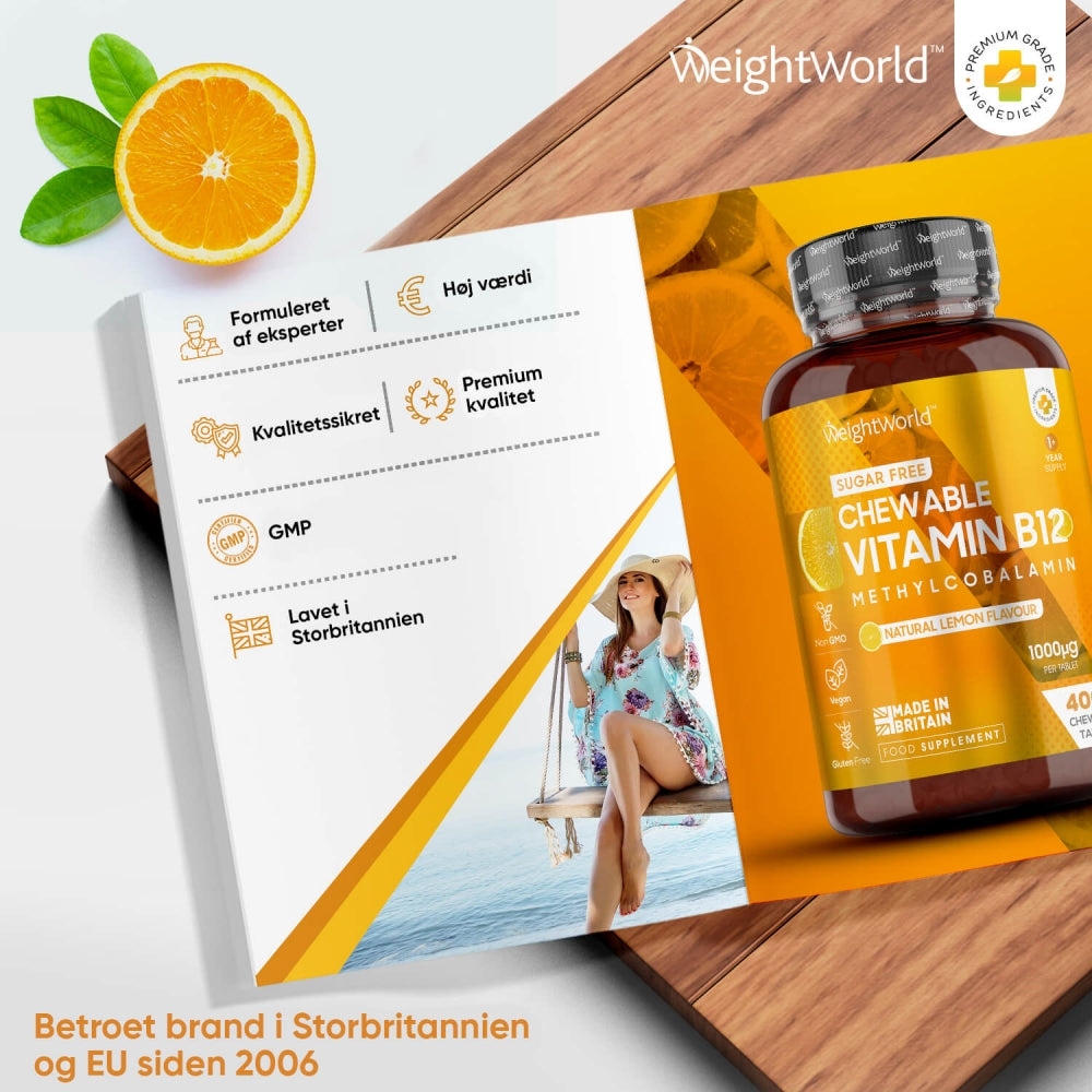 WeightWorld sukkerfri tyggetabletter vitamin B12 1000 µg, naturlig citronsmag, 400 stk.
