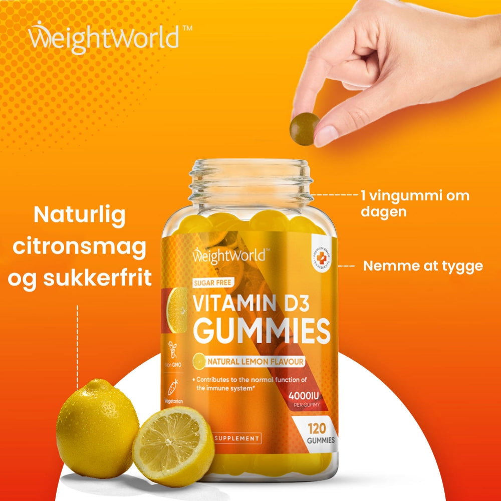 Vitamin D3-gummier i glasflaske, citron, med hånd der klemmer gummy.