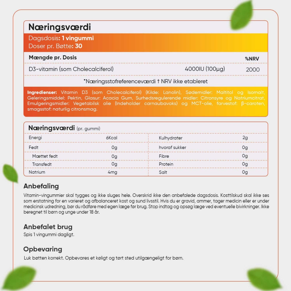 Næringsdeklaration for vitamin D3-gummier: D3 pr. 1 gummy, 4000 IU.