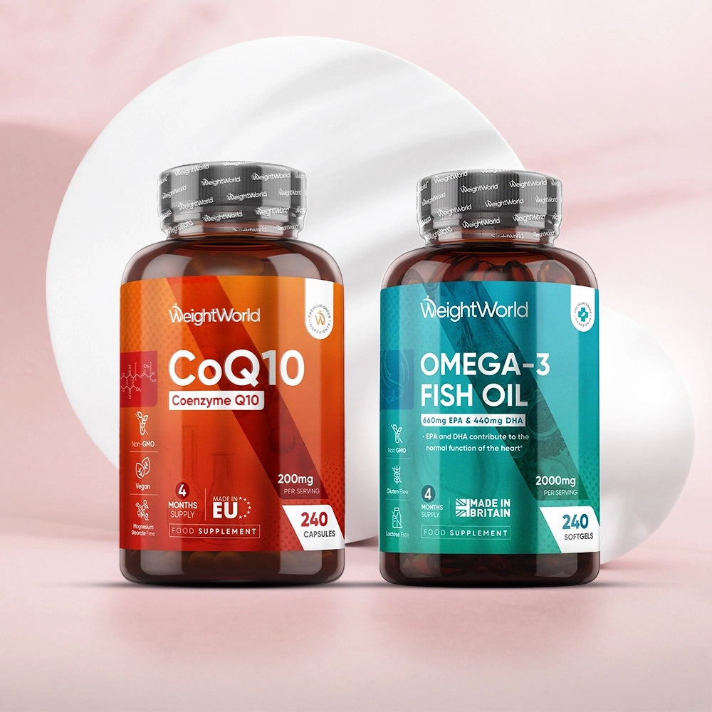 Sundhedspakke til hjertet: to kosttilskudsflasker CoQ10 og Omega-3 Fish Oil