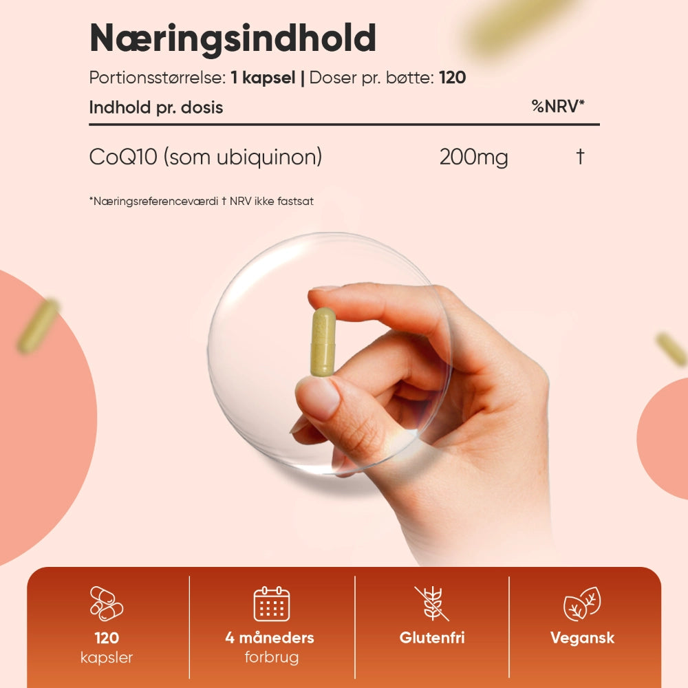 CoQ10 200 mg kapsel i hånd over glas med kapsel