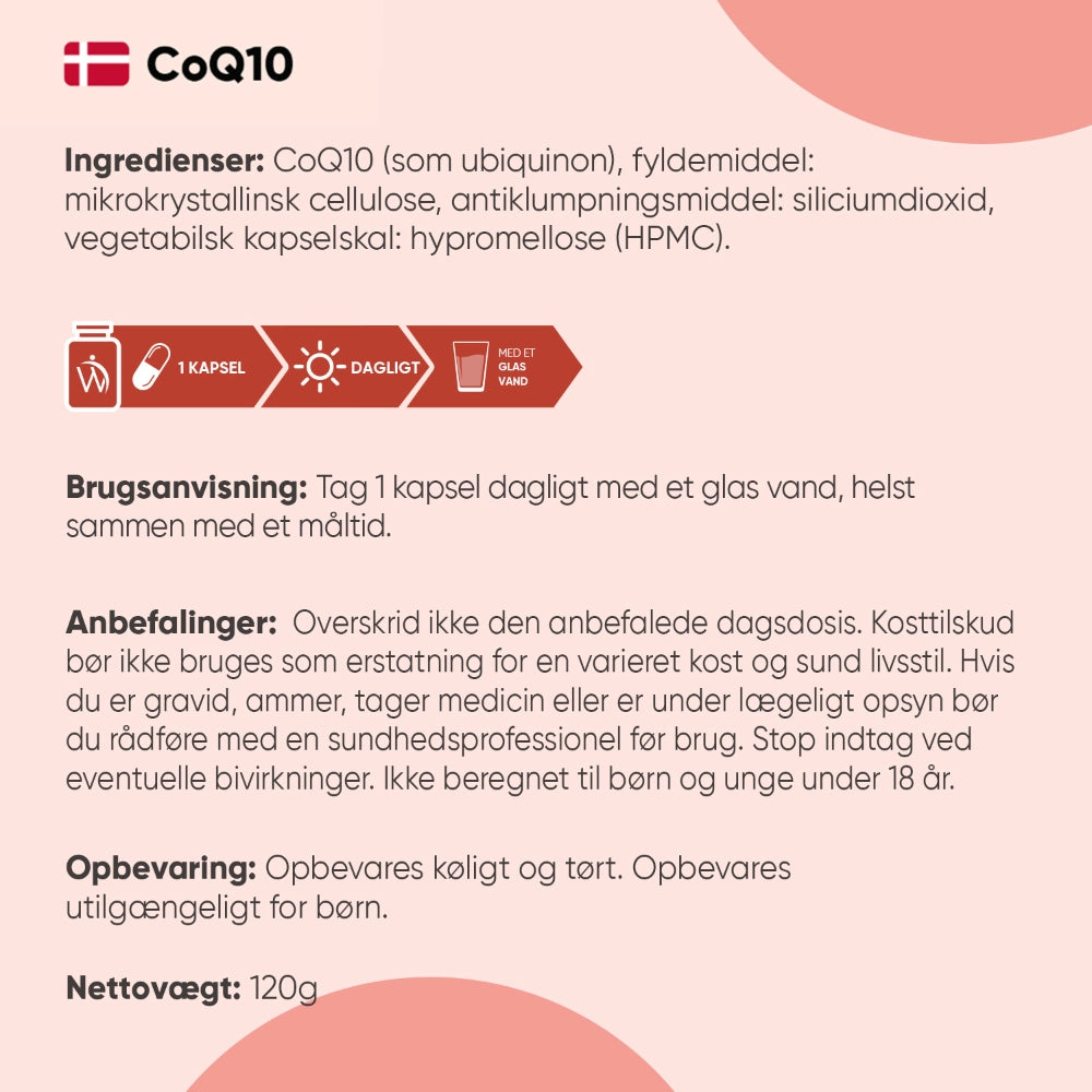 CoQ10 kosttilskud: ingrediensoversigt på bagsiden af emballage