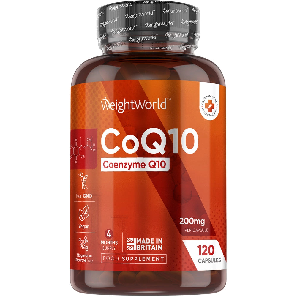 CoQ10 kosttilskud 200 mg i mørkebrun flaske med sølvfarvet låg