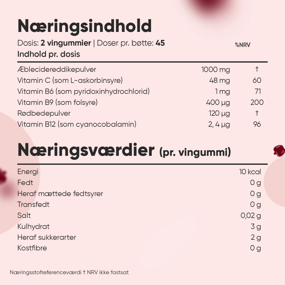 Næringsindhold på æblecidereddike vingummier: 1000 mg pr. dosis
