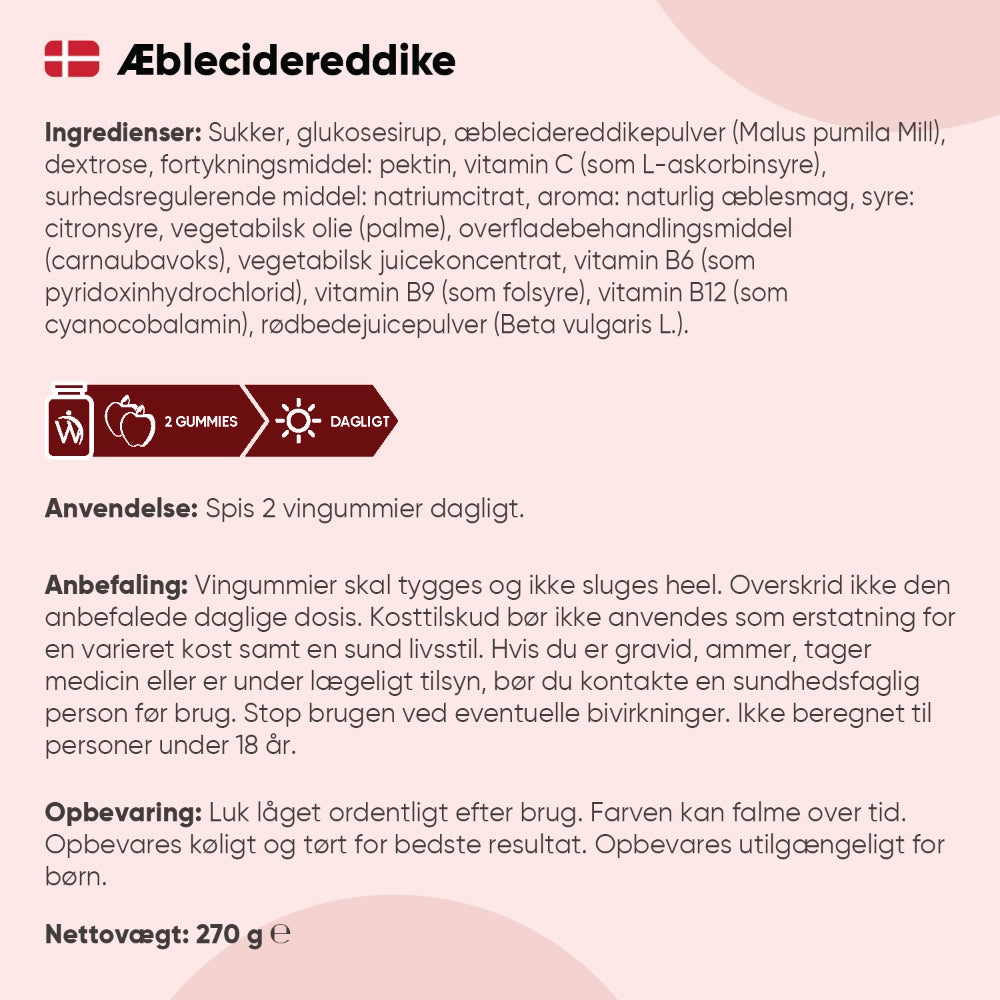 Ingredienser og anvendelse på WeightWorld æblecidereddike vingummier, nettovægt 270 g