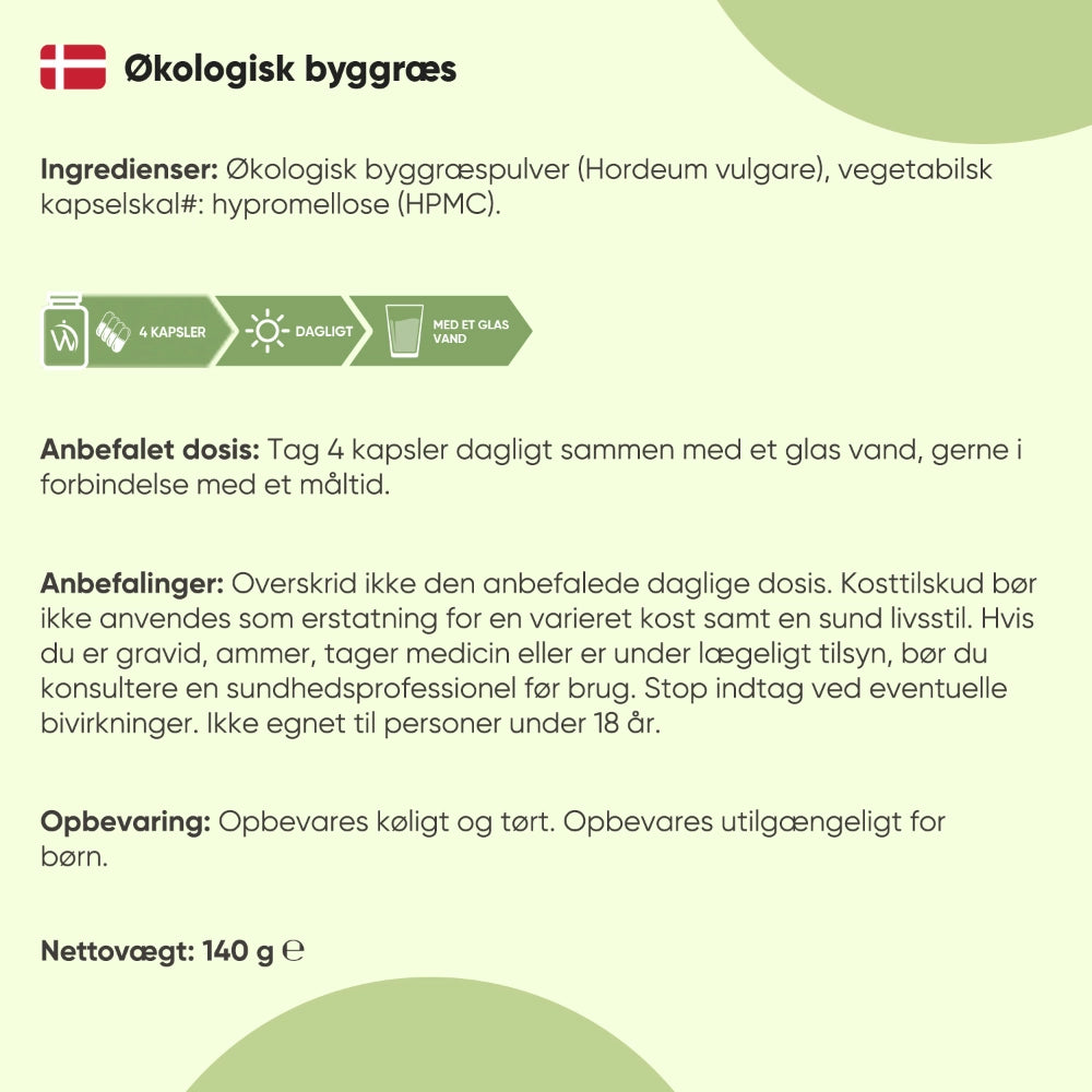 Økologiske byggræskapsler: ingredienser, anbefalet dosering og opbevaring