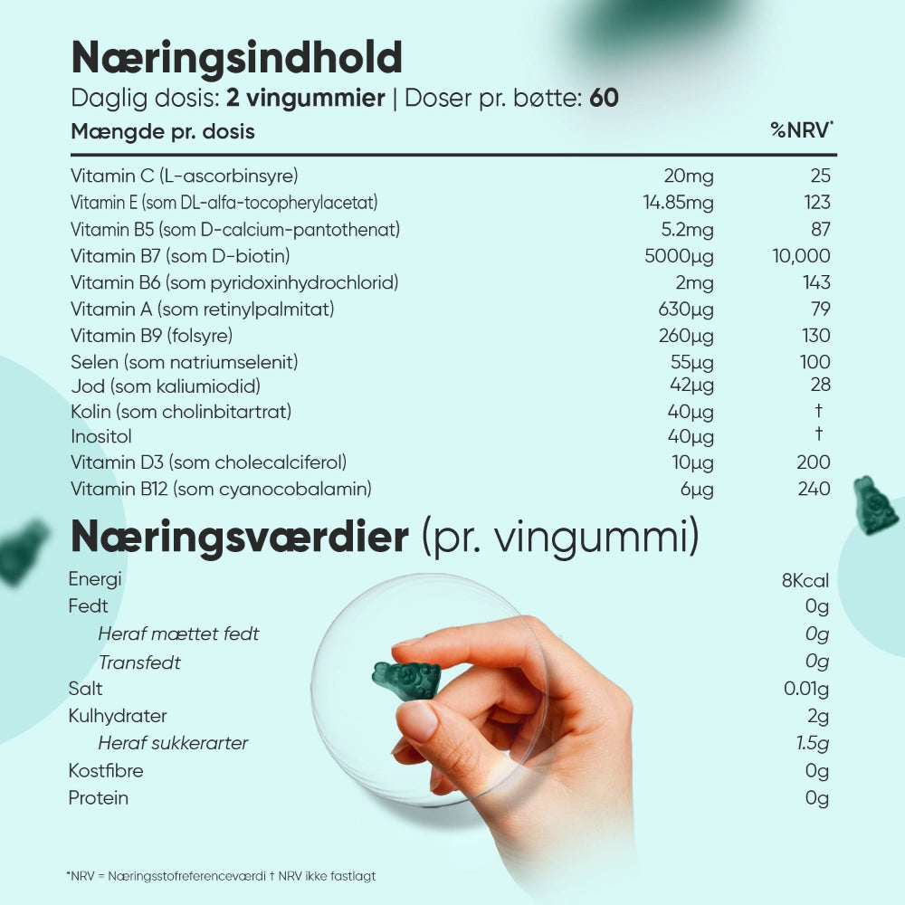 Biotin-vingummier næringsindhold pr. vingummi på tabel, hånd med grønt vingummi