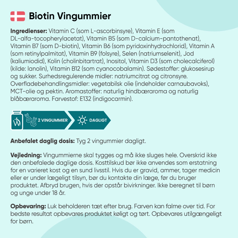 Biotin vingummier ingredienser og anbefalet dosis på emballage