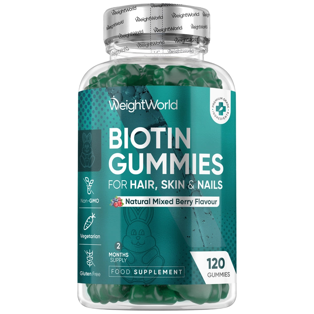 Biotin-vingummier i grøn plastflaske med låg og 120 vingummier