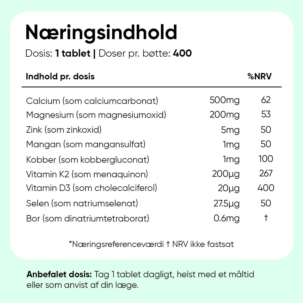 Næringsindhold på etiket: Calcium, Magnesium, Zink og øvrige vitaminer og mineraler