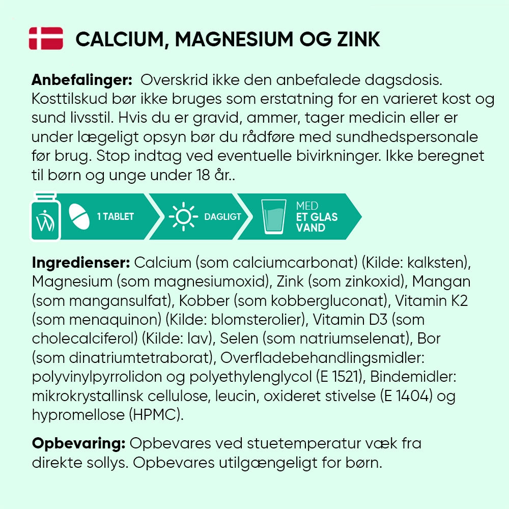 Etiket med anbefalinger og ingredienser: Calcium, Magnesium og Zink kosttilskud
