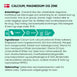 Etiket med anbefalinger og ingredienser: Calcium, Magnesium og Zink kosttilskud