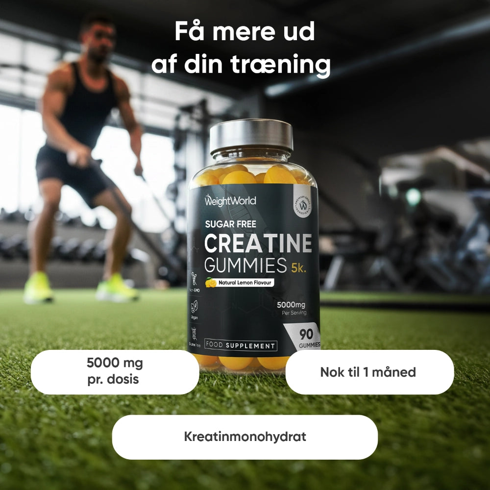 Kreatin-vingummier i WeightWorld-flaske med SUGAR FREE CREATINE GUMMIES-etiket