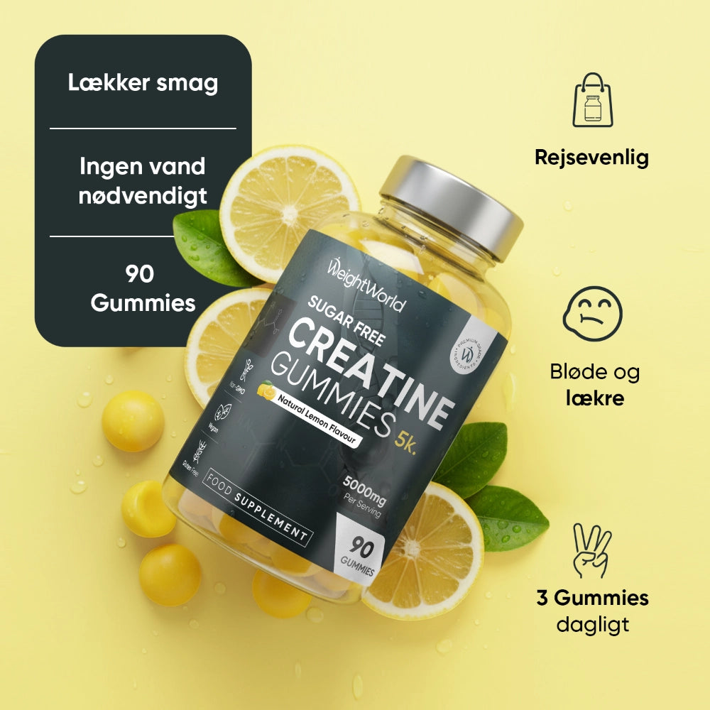 Kreatin-vingummier i WeightWorld-flaske med citroner og gule vingummier