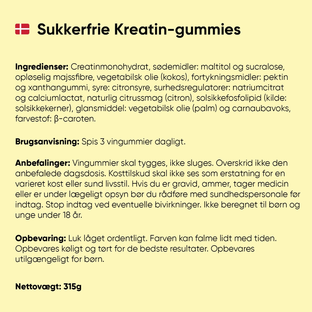 Kreatin-vingummier: ingredienser og brugsanvisning på emballage