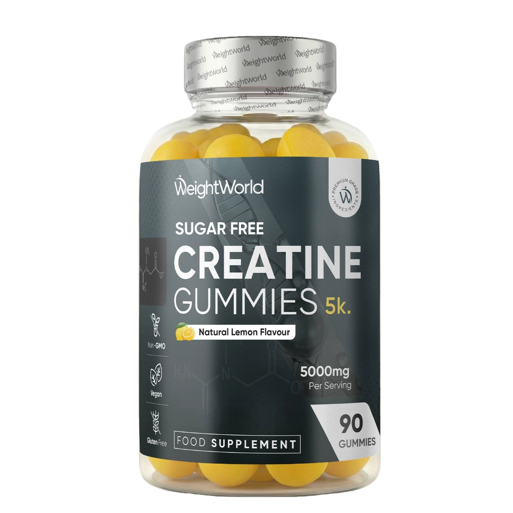 Kreatin-vingummier i WeightWorld-flaske med gule vingummier og skruehætte