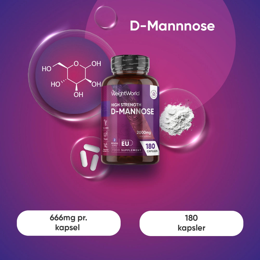 D-mannose kosttilskudflaske med 180 kapsler og kemisk strukturillustration